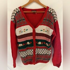 Vintage Knitted Cardigan Sweater Checkered Floral Red Design Size M Cottagecore